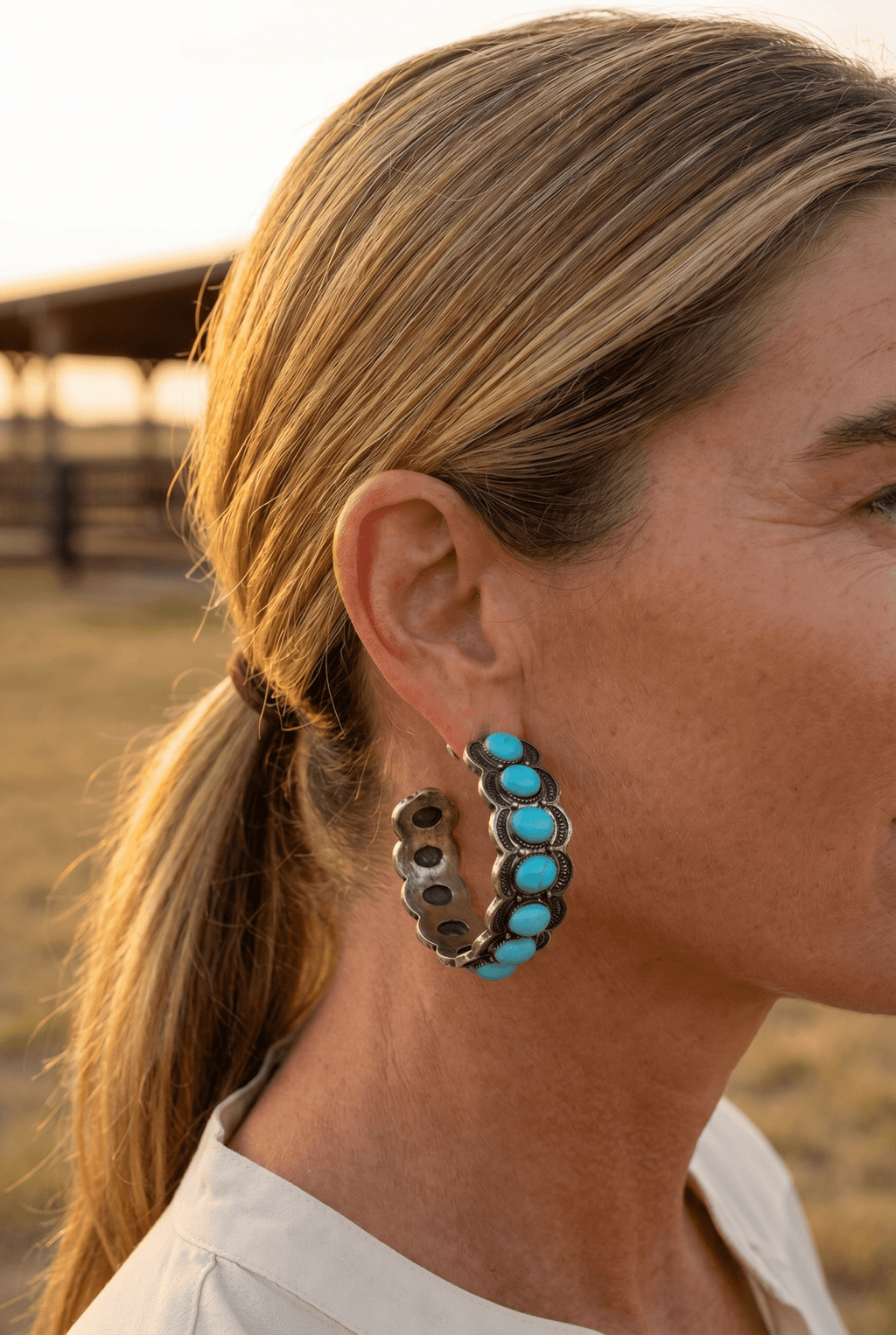 Large Western Faux Turquoise Hoop Earrings — Oxidized Stamped 2" Hoop - Rooted & Reckless Co.