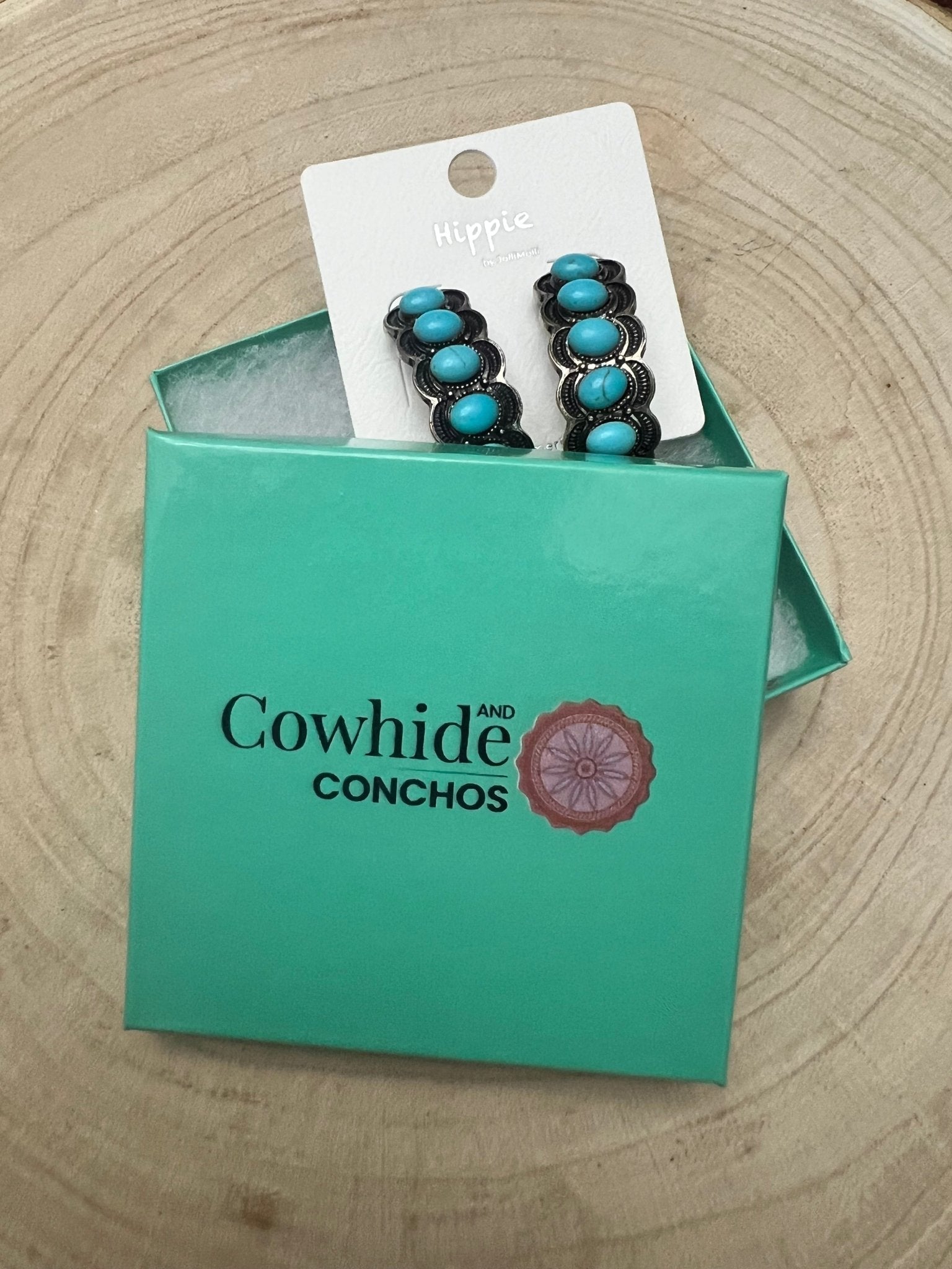 Large Western Faux Turquoise Hoop Earrings — Oxidized Stamped 2" Hoop - Rooted & Reckless Co.