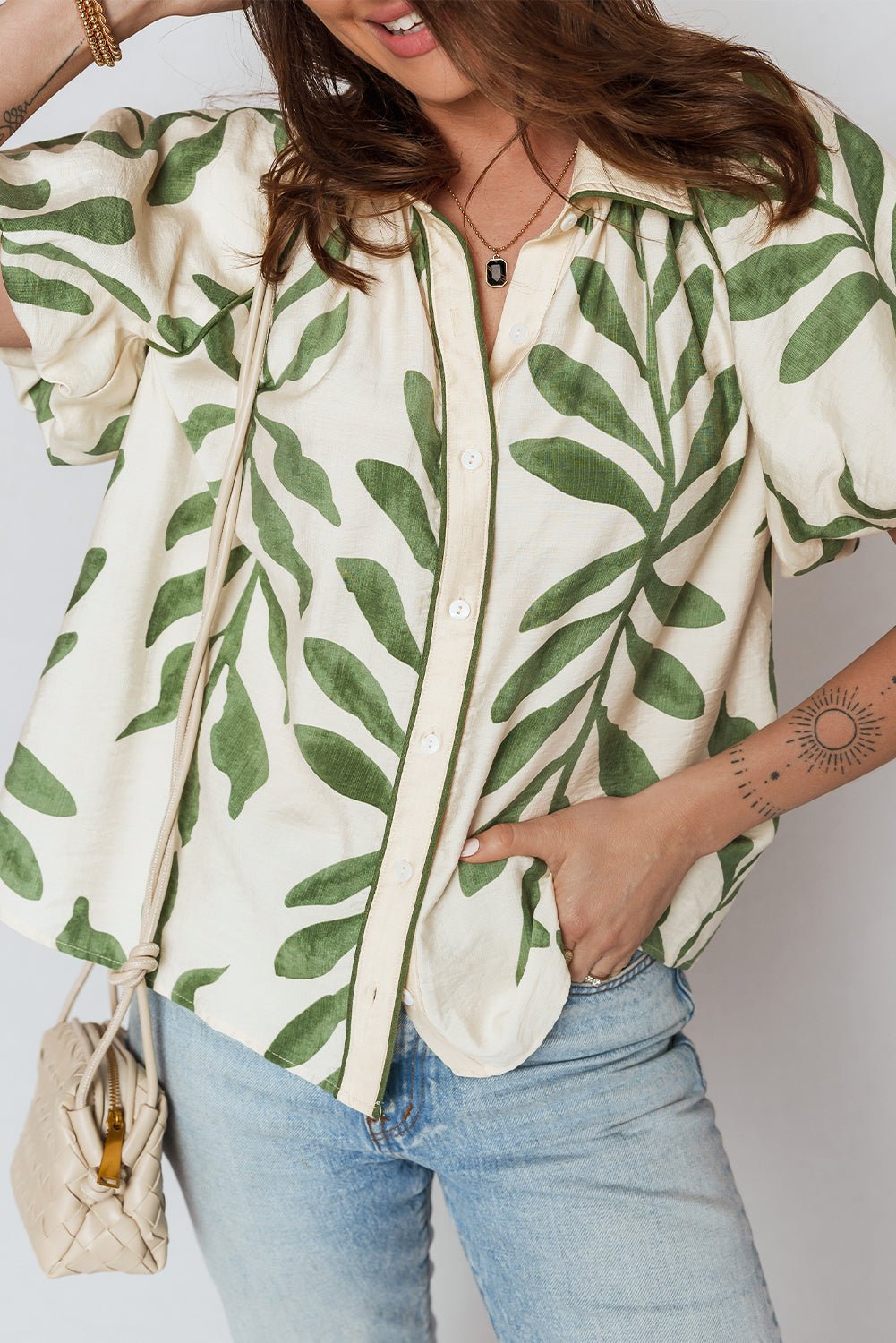 Leaf Short Balloon Sleeve Buttoned Shirt - Rooted & Reckless Co.