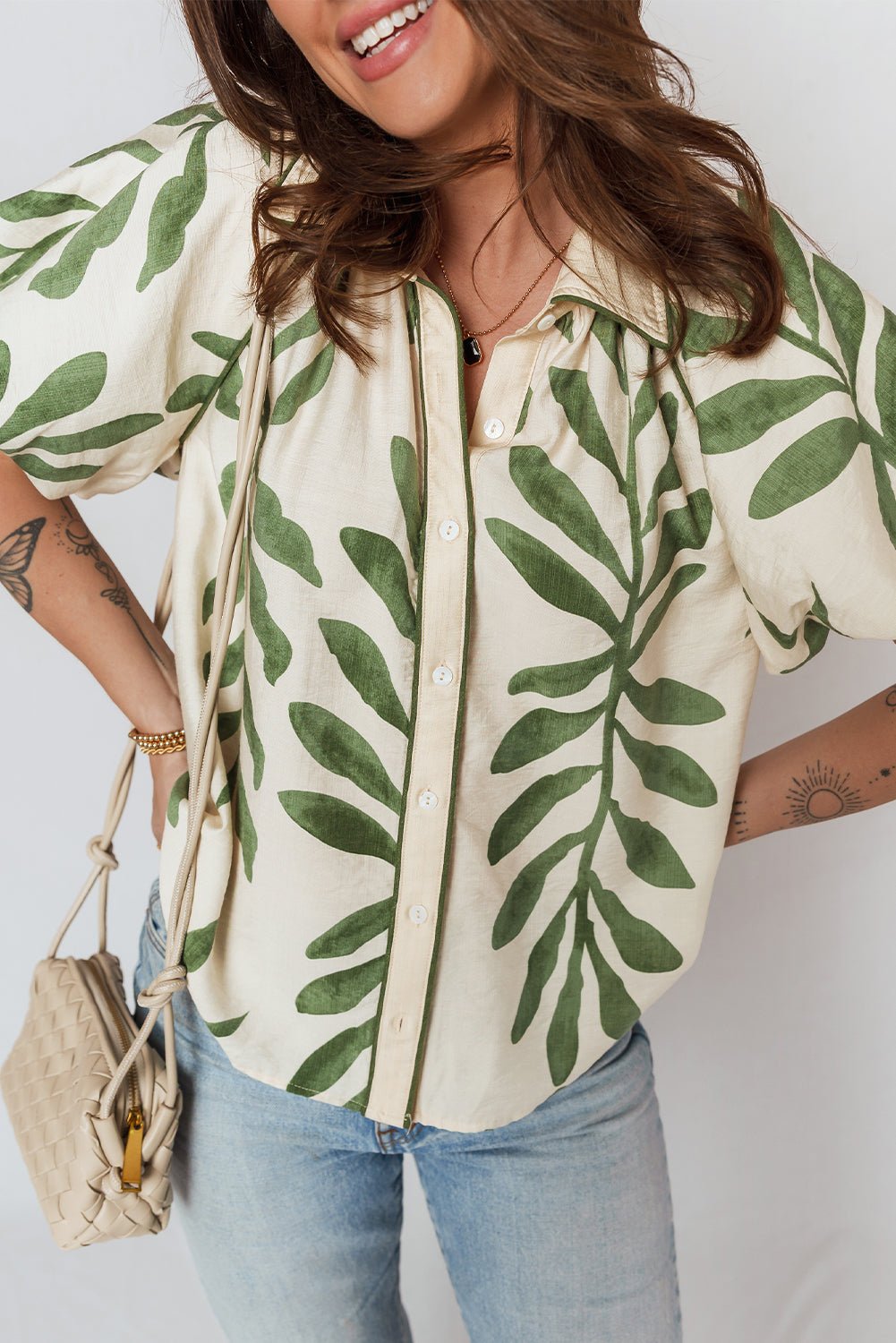 Leaf Short Balloon Sleeve Buttoned Shirt - Rooted & Reckless Co.