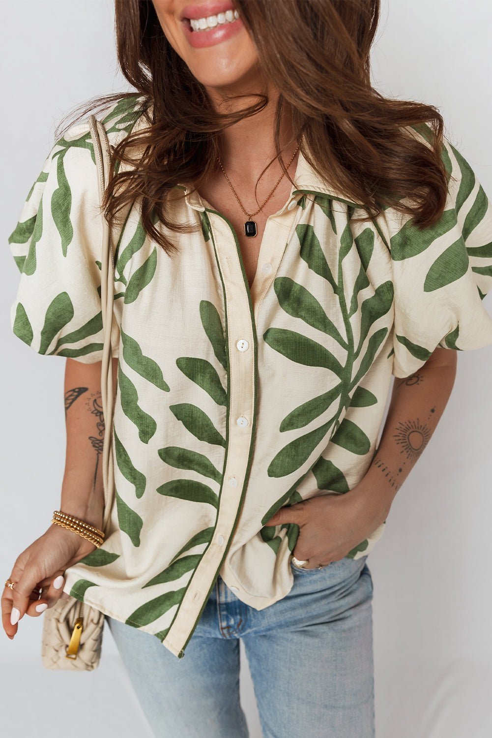 Leaf Short Balloon Sleeve Buttoned Shirt - Rooted & Reckless Co.