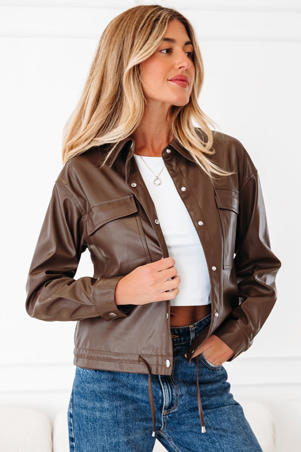Leather Drawstring Hem Pocketed Jacket - Rooted & Reckless Co.