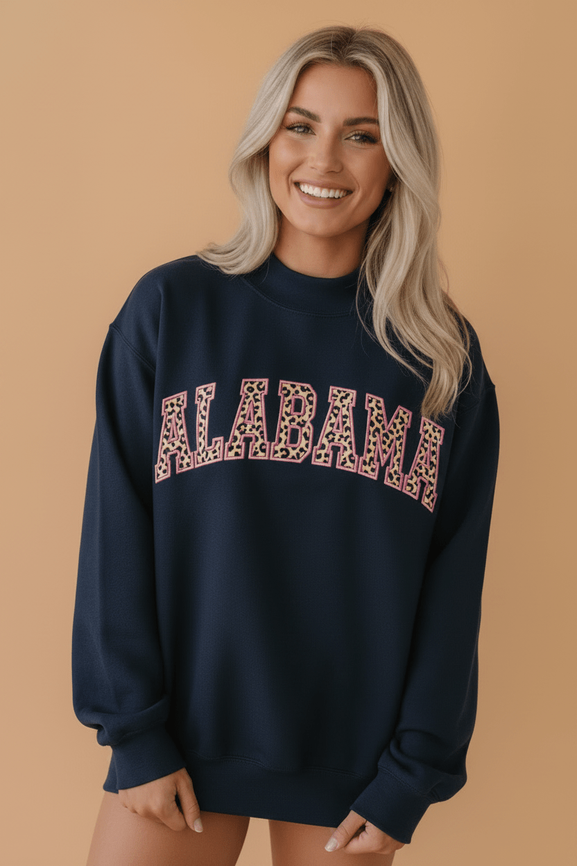 Leopard Alabama Embroidered Patch High Neck Sweatshirt - Rooted & Reckless Co.