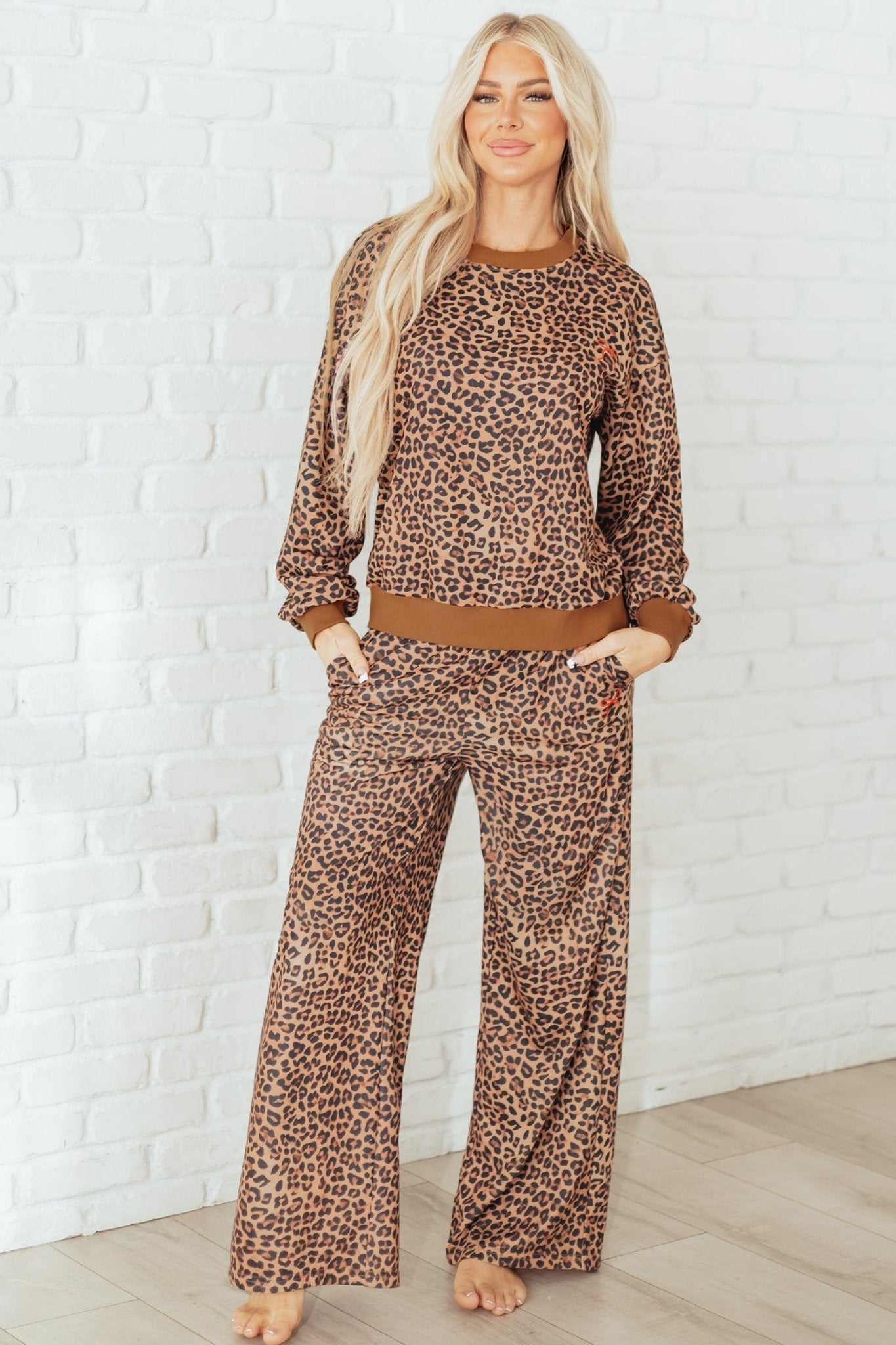 Leopard Bow Embroidered Pullover and Pants Set - Rooted & Reckless Co.