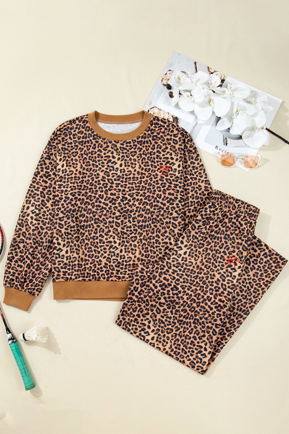 Leopard Bow Embroidered Pullover and Pants Set - Rooted & Reckless Co.