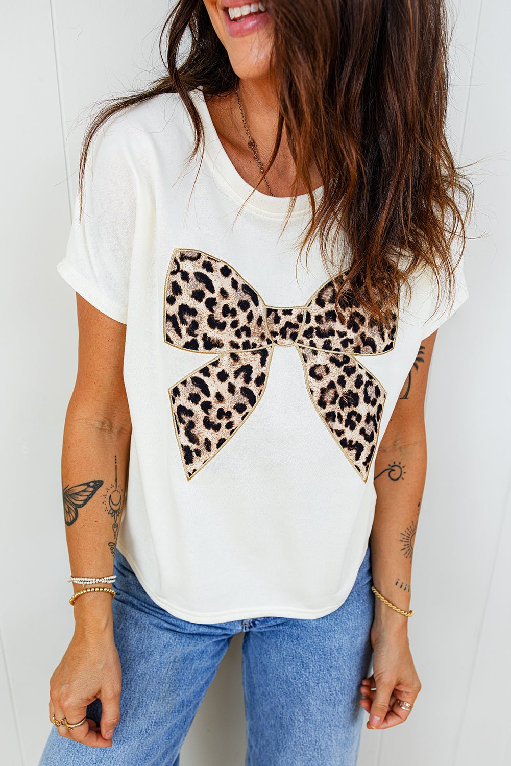 Leopard Bow Embroidered Short Sleeve T-Shirt - Rooted & Reckless Co.