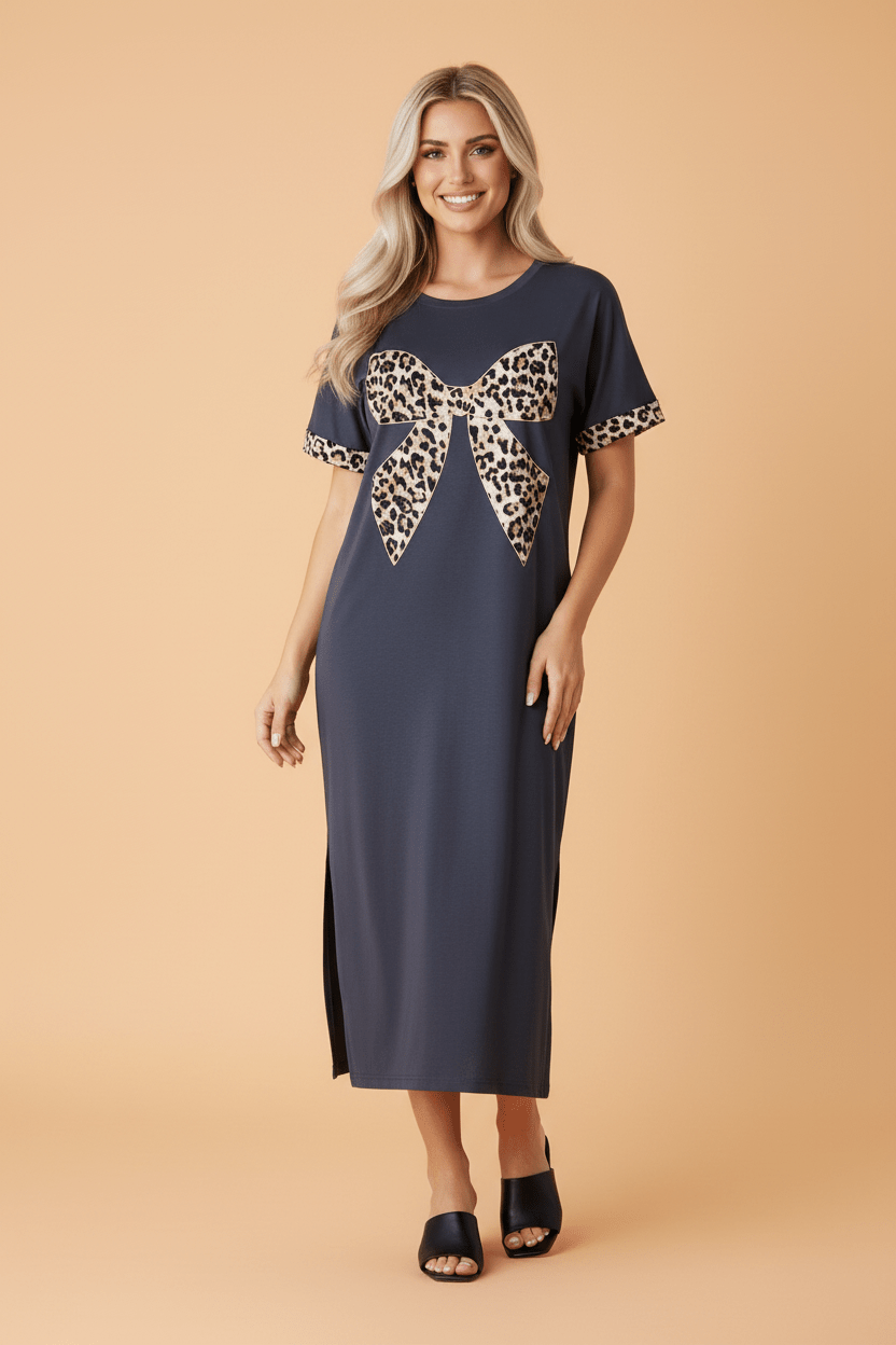 Leopard Bow Patched Short Sleeve T-Shirt Long Dress - Rooted & Reckless Co.