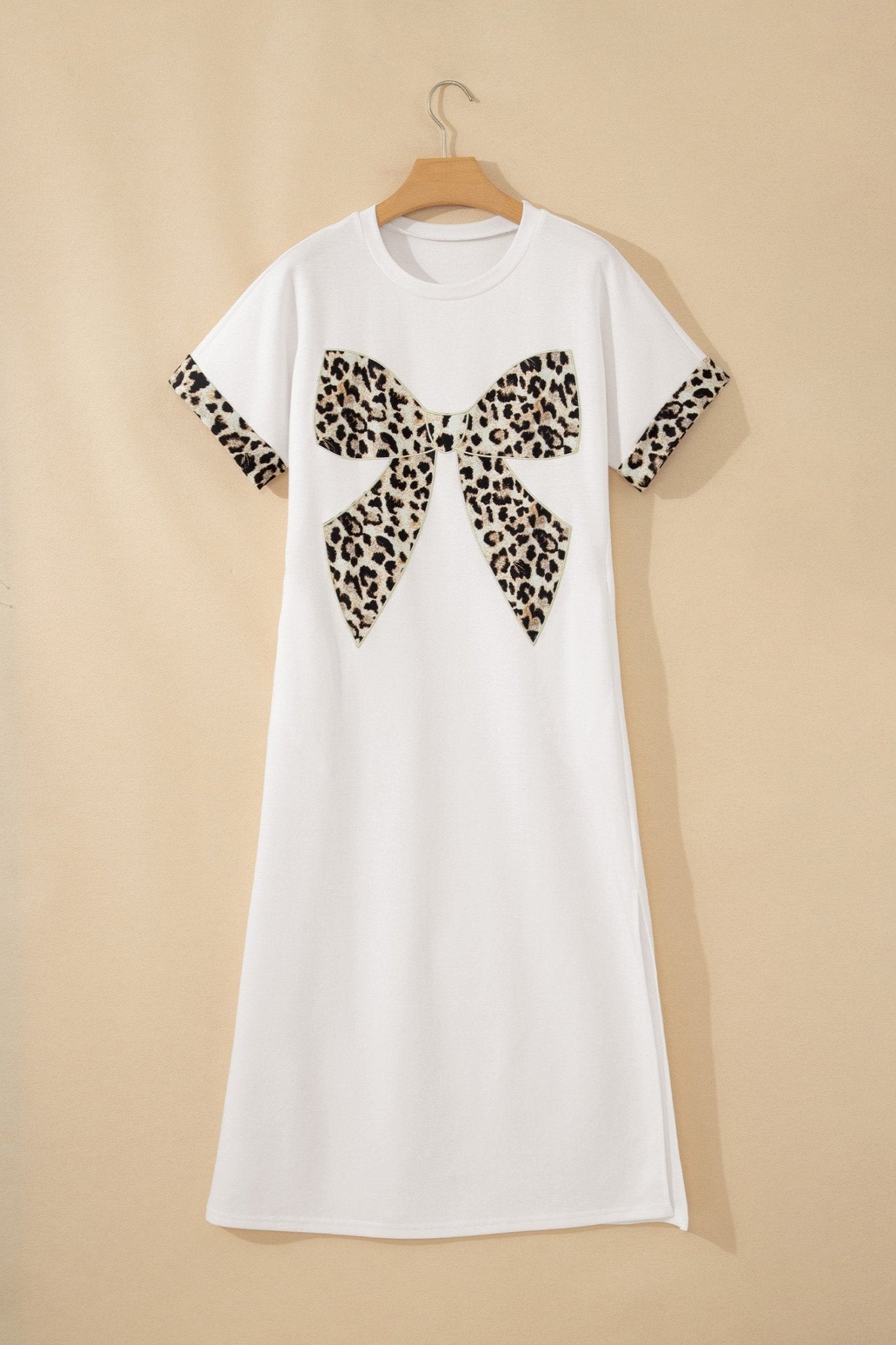 Leopard Bow Patched Short Sleeve T-Shirt Long Dress - Rooted & Reckless Co.