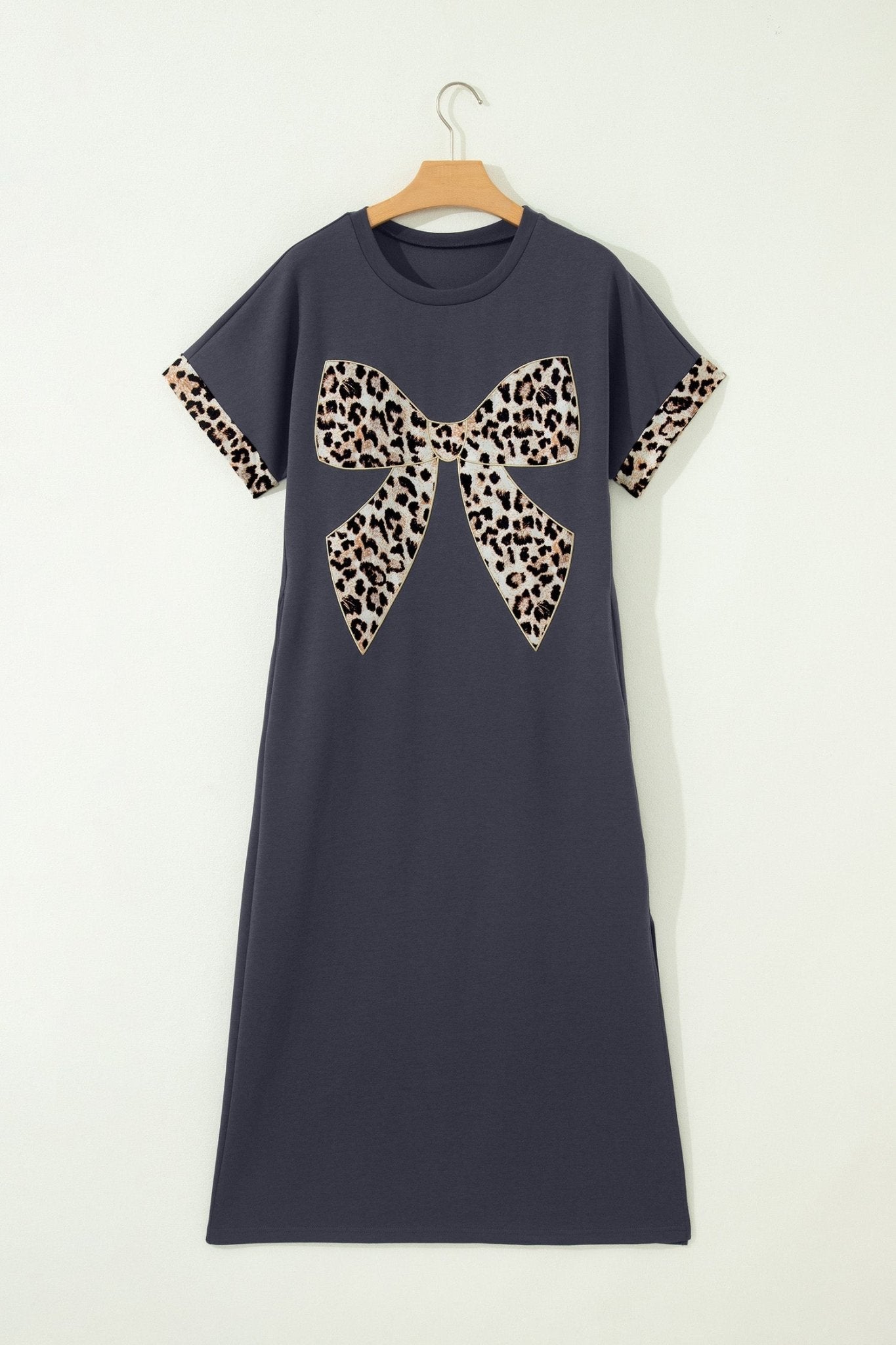 Leopard Bow Patched Short Sleeve T-Shirt Long Dress - Rooted & Reckless Co.