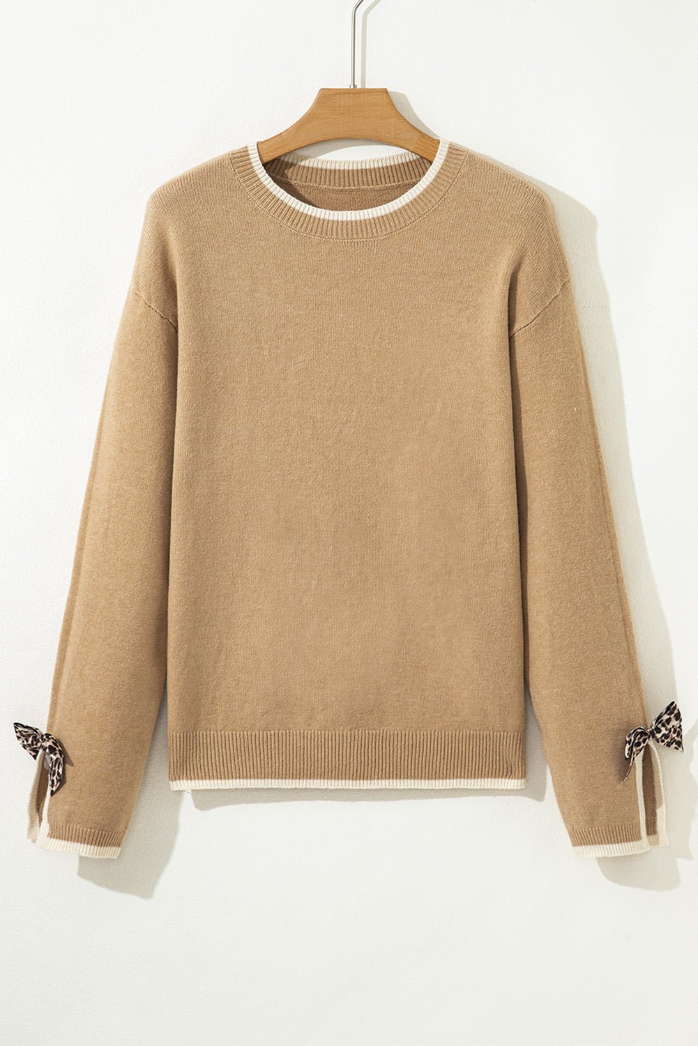 Leopard Bow Split Cuff Contrast Trim Sweater - Rooted & Reckless Co.