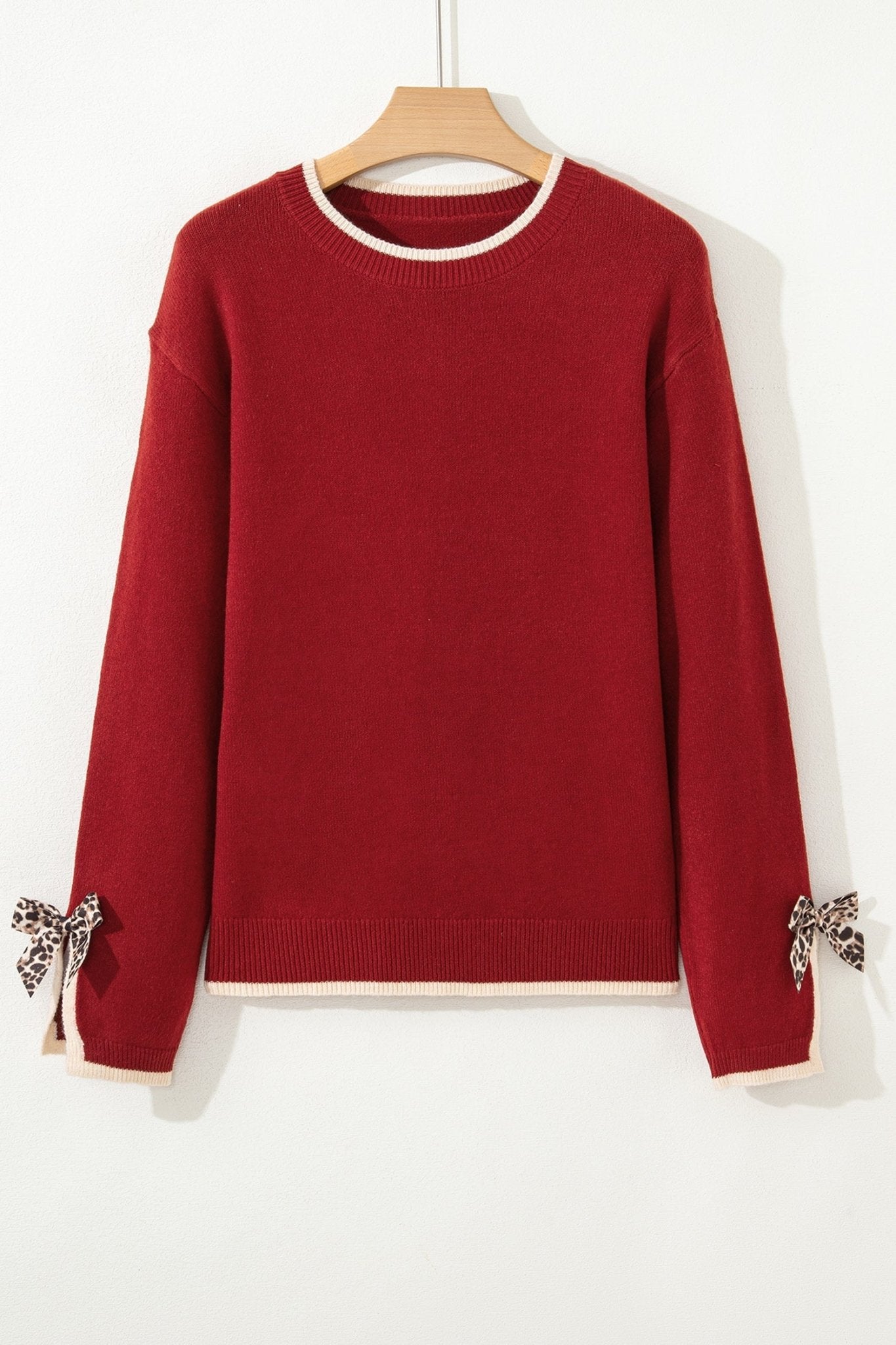 Leopard Bow Split Cuff Contrast Trim Sweater - Rooted & Reckless Co.