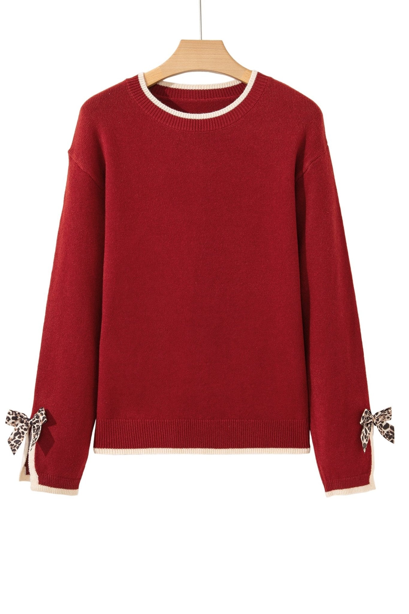 Leopard Bow Split Cuff Contrast Trim Sweater - Rooted & Reckless Co.