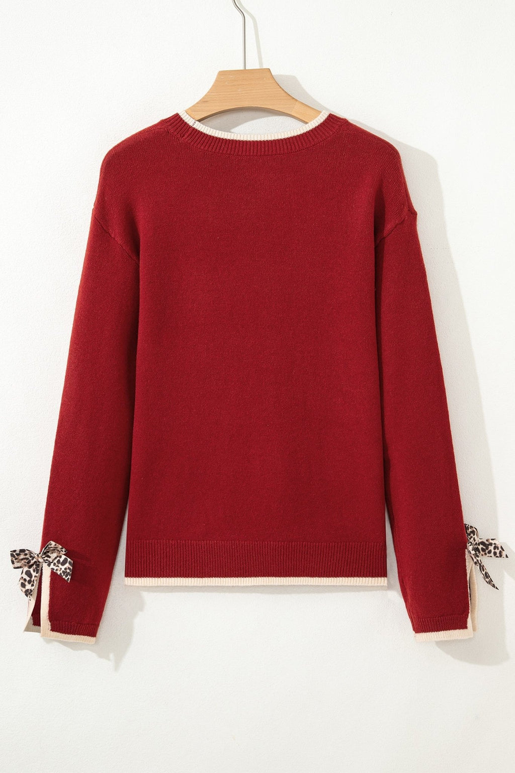 Leopard Bow Split Cuff Contrast Trim Sweater - Rooted & Reckless Co.