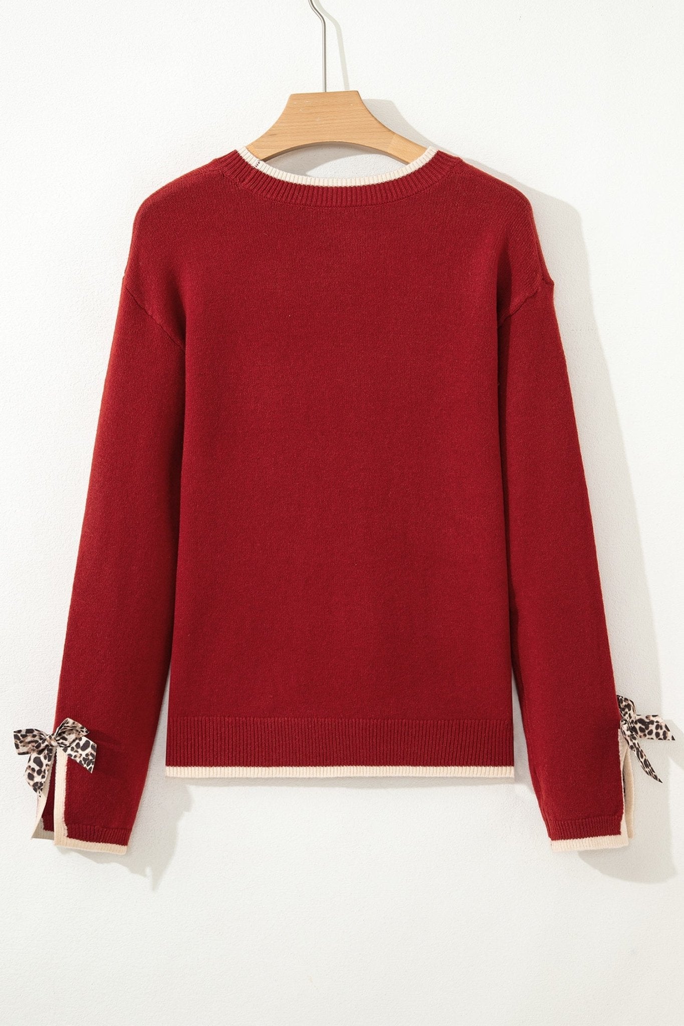 Leopard Bow Split Cuff Contrast Trim Sweater - Rooted & Reckless Co.