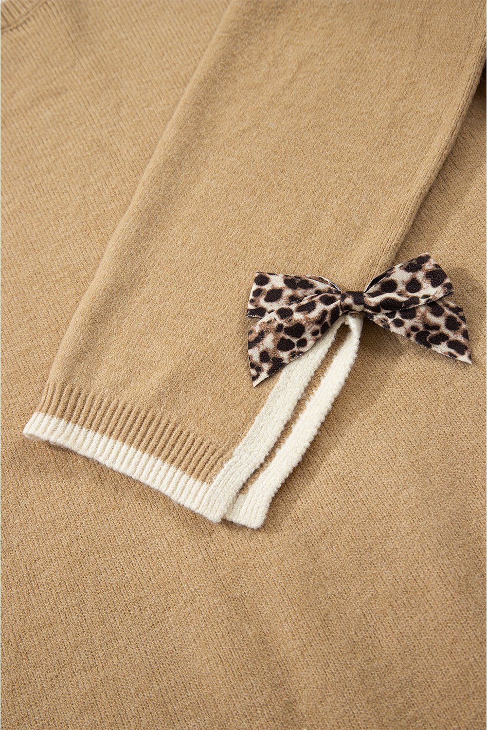 Leopard Bow Split Cuff Contrast Trim Sweater - Rooted & Reckless Co.
