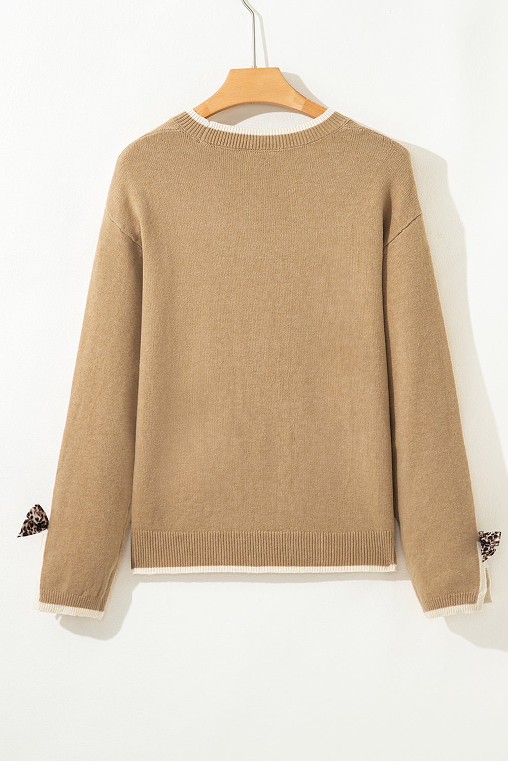 Leopard Bow Split Cuff Contrast Trim Sweater - Rooted & Reckless Co.
