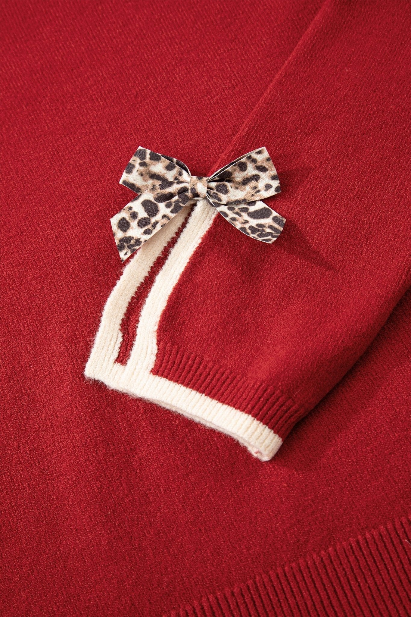 Leopard Bow Split Cuff Contrast Trim Sweater - Rooted & Reckless Co.
