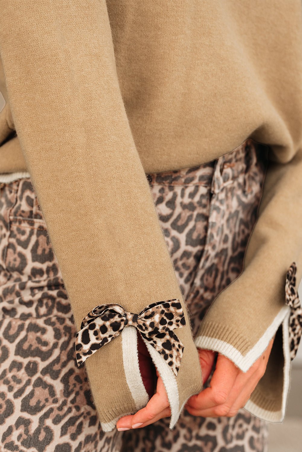 Leopard Bow Split Cuff Contrast Trim Sweater - Rooted & Reckless Co.