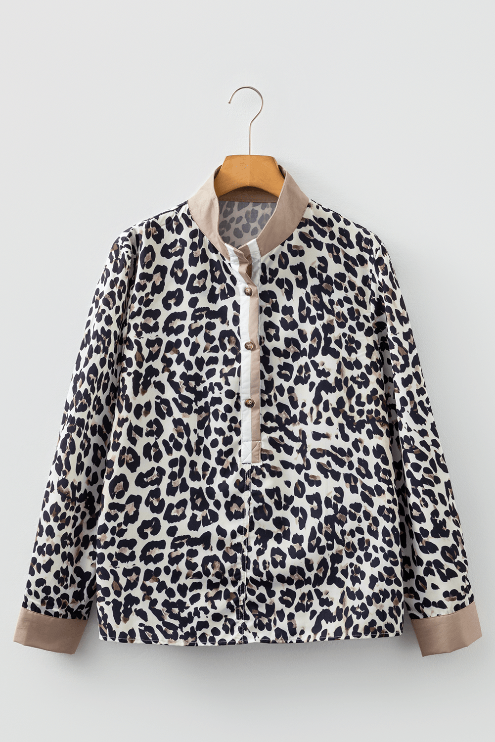 Leopard Button-Collar Contrast Patchwork Cuff Top - Rooted & Reckless Co.