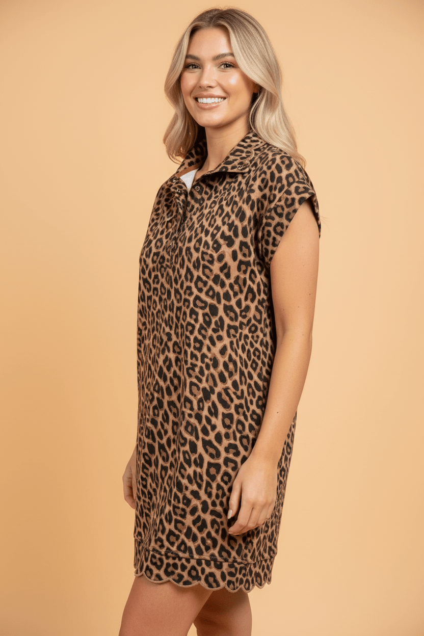 Leopard Buttoned Collar Pocket Shift Dress - Rooted & Reckless Co.