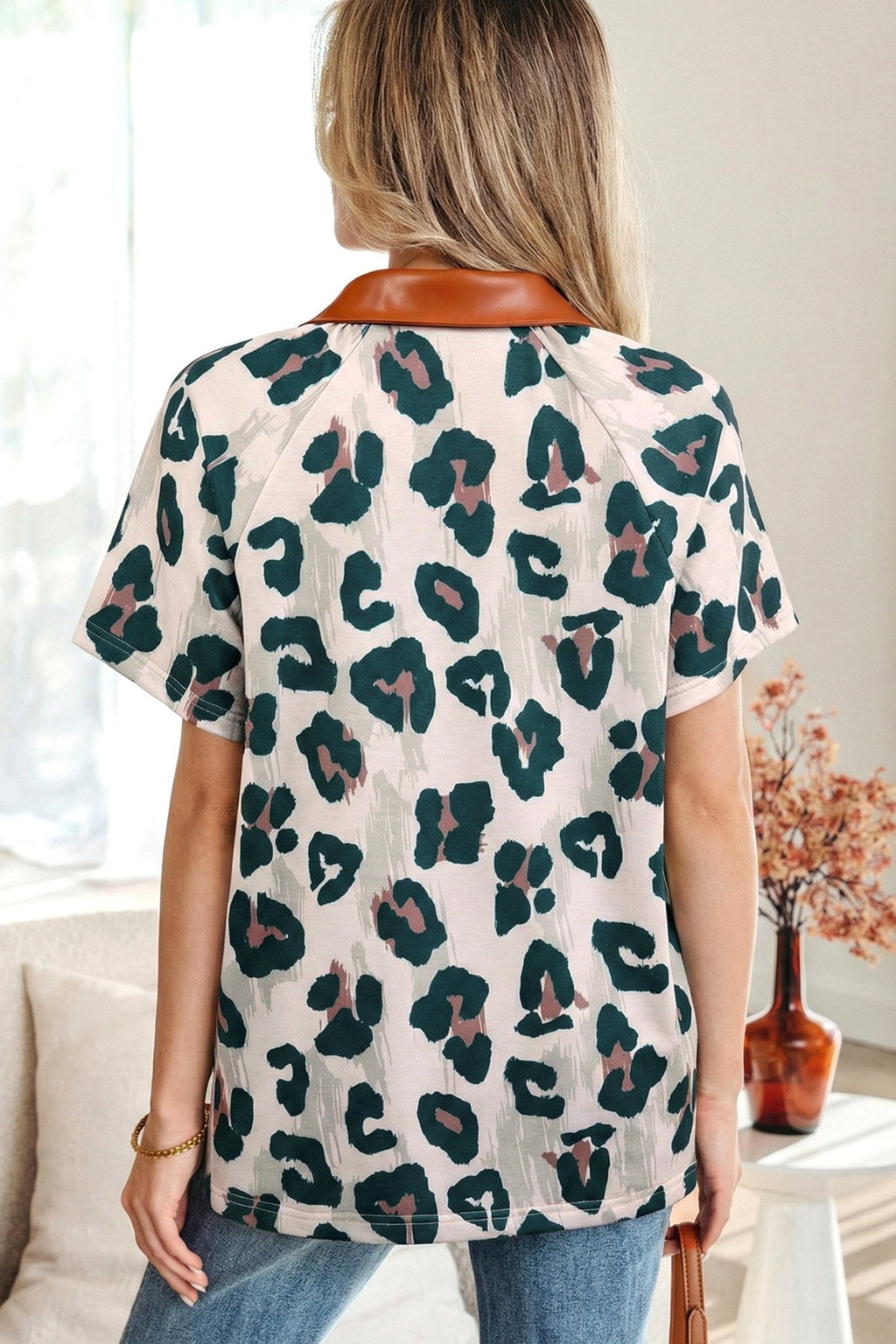 Leopard Buttoned Contrast Collar Short Sleeve Blouse - Rooted & Reckless Co.