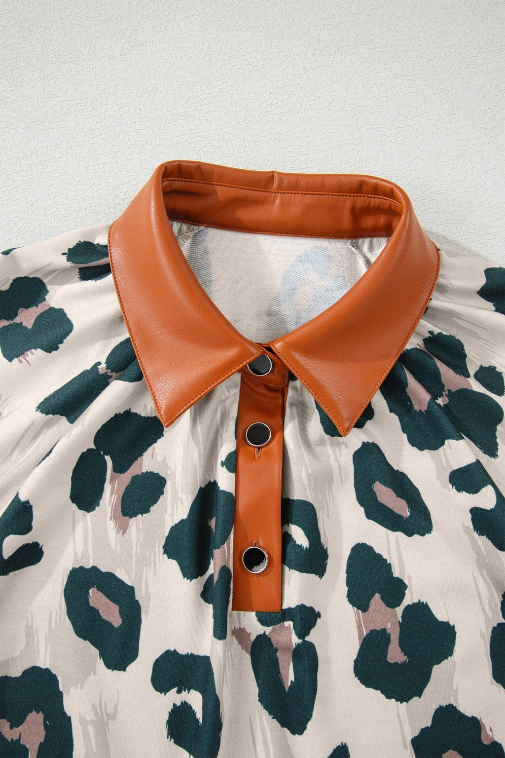 Leopard Buttoned Contrast Collar Short Sleeve Blouse - Rooted & Reckless Co.