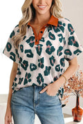 Leopard Buttoned Contrast Collar Short Sleeve Blouse - Rooted & Reckless Co.