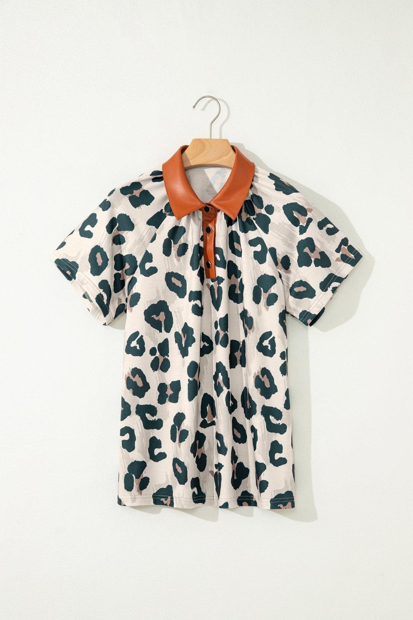 Leopard Buttoned Contrast Collar Short Sleeve Blouse - Rooted & Reckless Co.