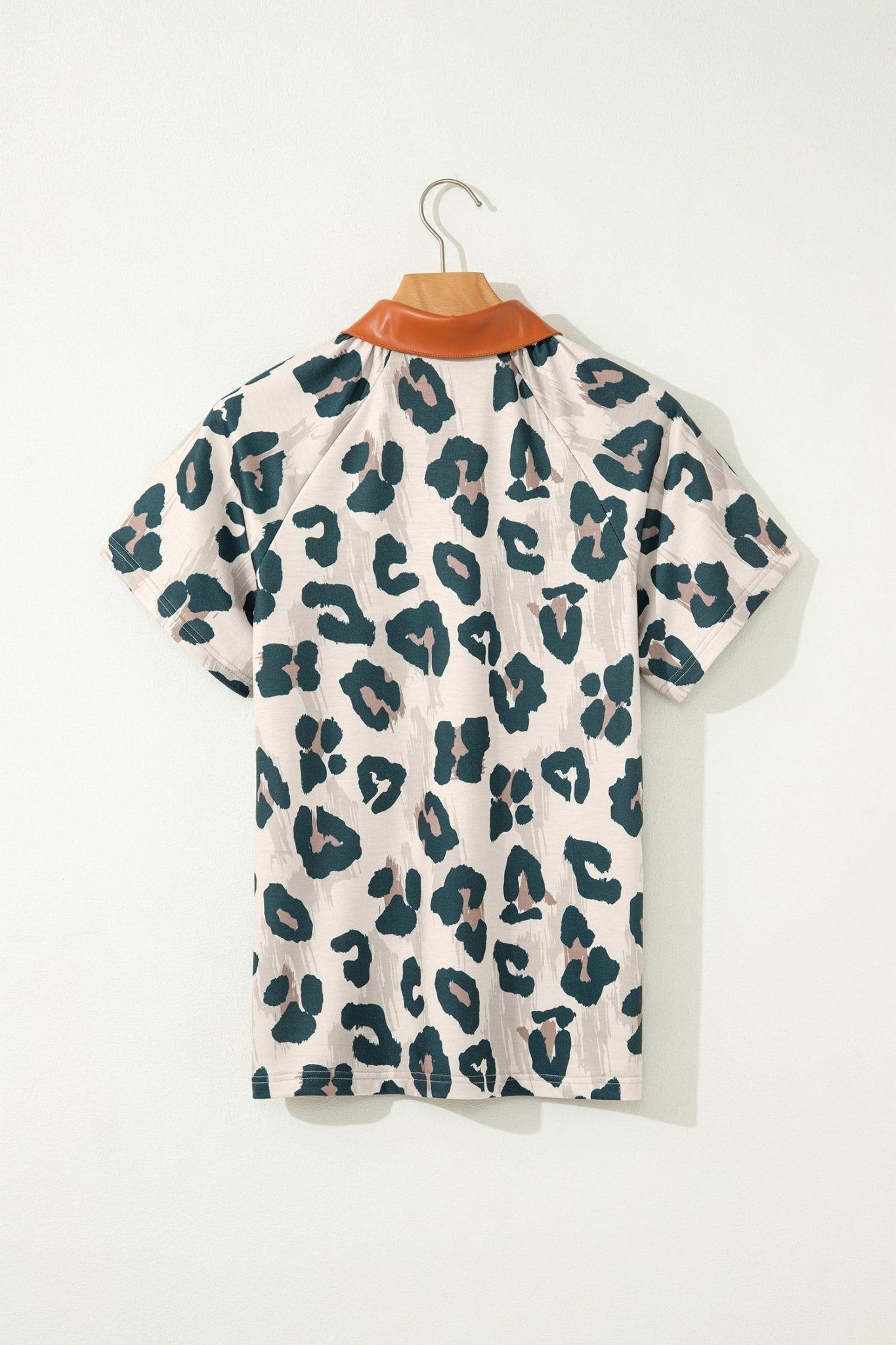 Leopard Buttoned Contrast Collar Short Sleeve Blouse - Rooted & Reckless Co.
