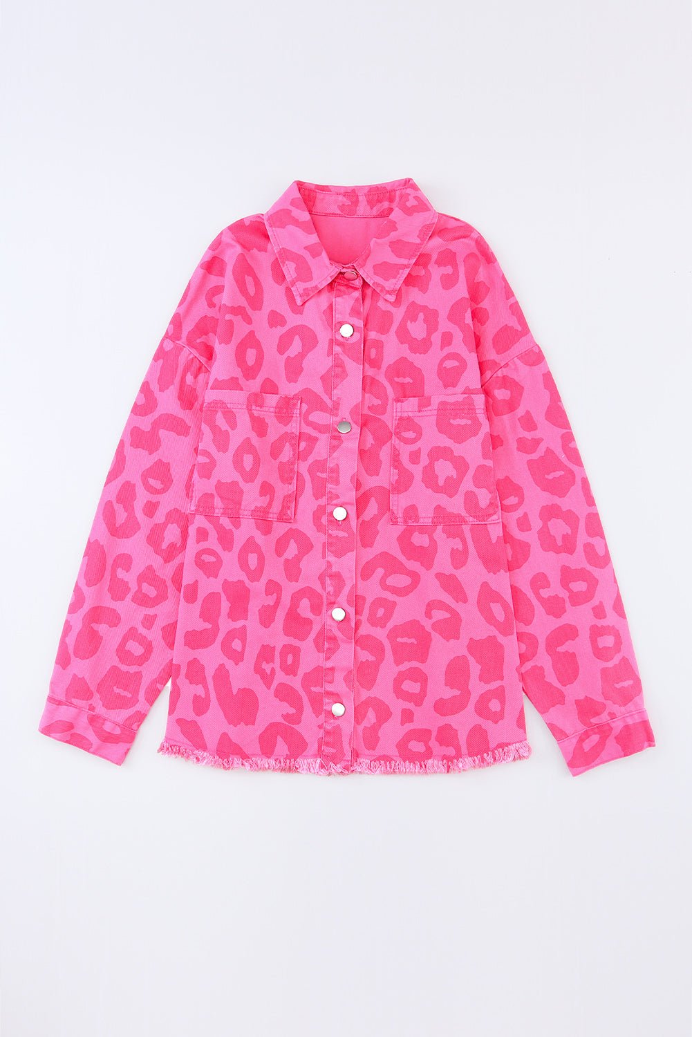 Leopard Buttoned Cuff Raw Hem Denim Jacket - Rooted & Reckless Co.