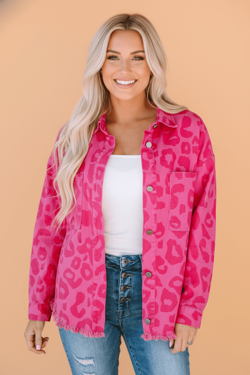 Leopard Buttoned Cuff Raw Hem Denim Jacket - Rooted & Reckless Co.