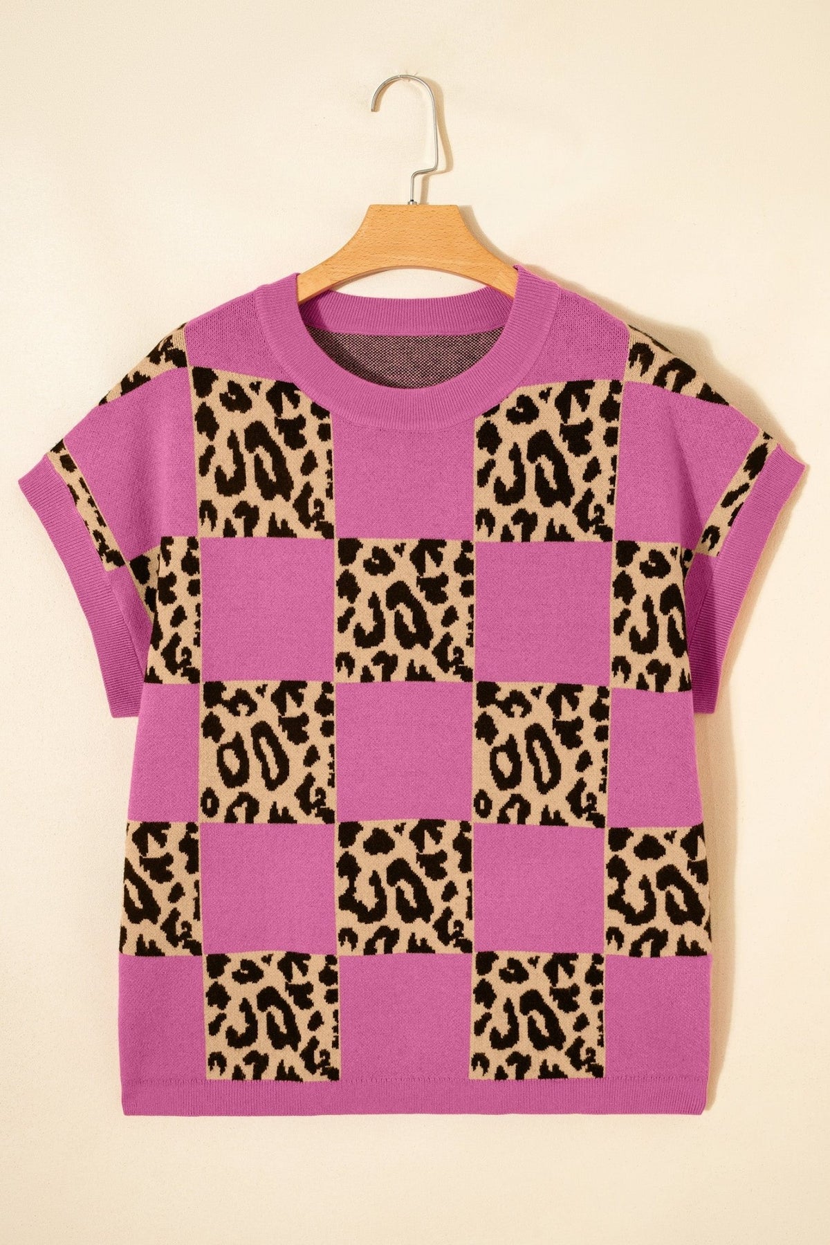 Leopard Checker Short Sleeve Knit Sweater - Rooted & Reckless Co.