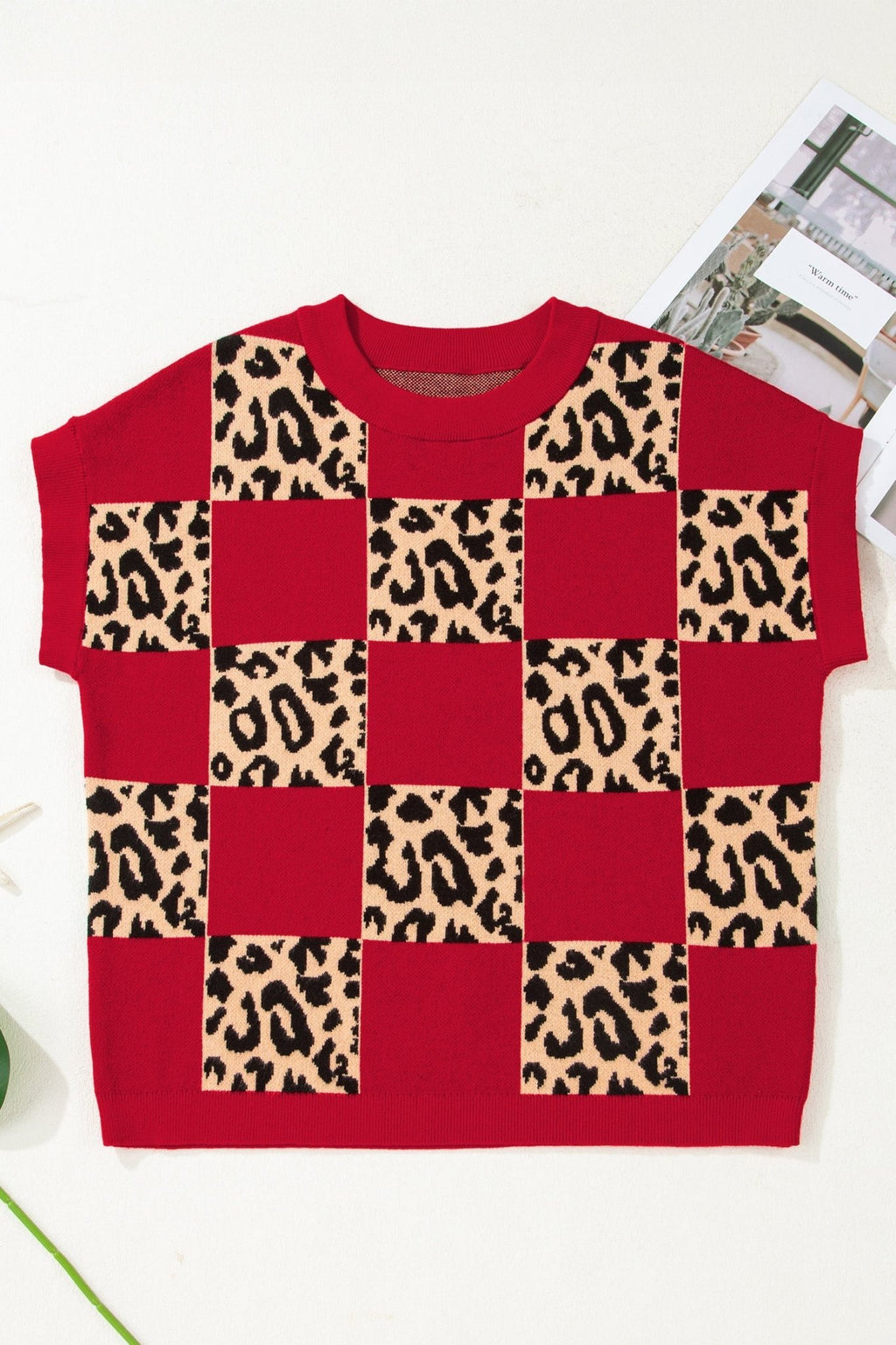 Leopard Checker Short Sleeve Knit Sweater - Rooted & Reckless Co.