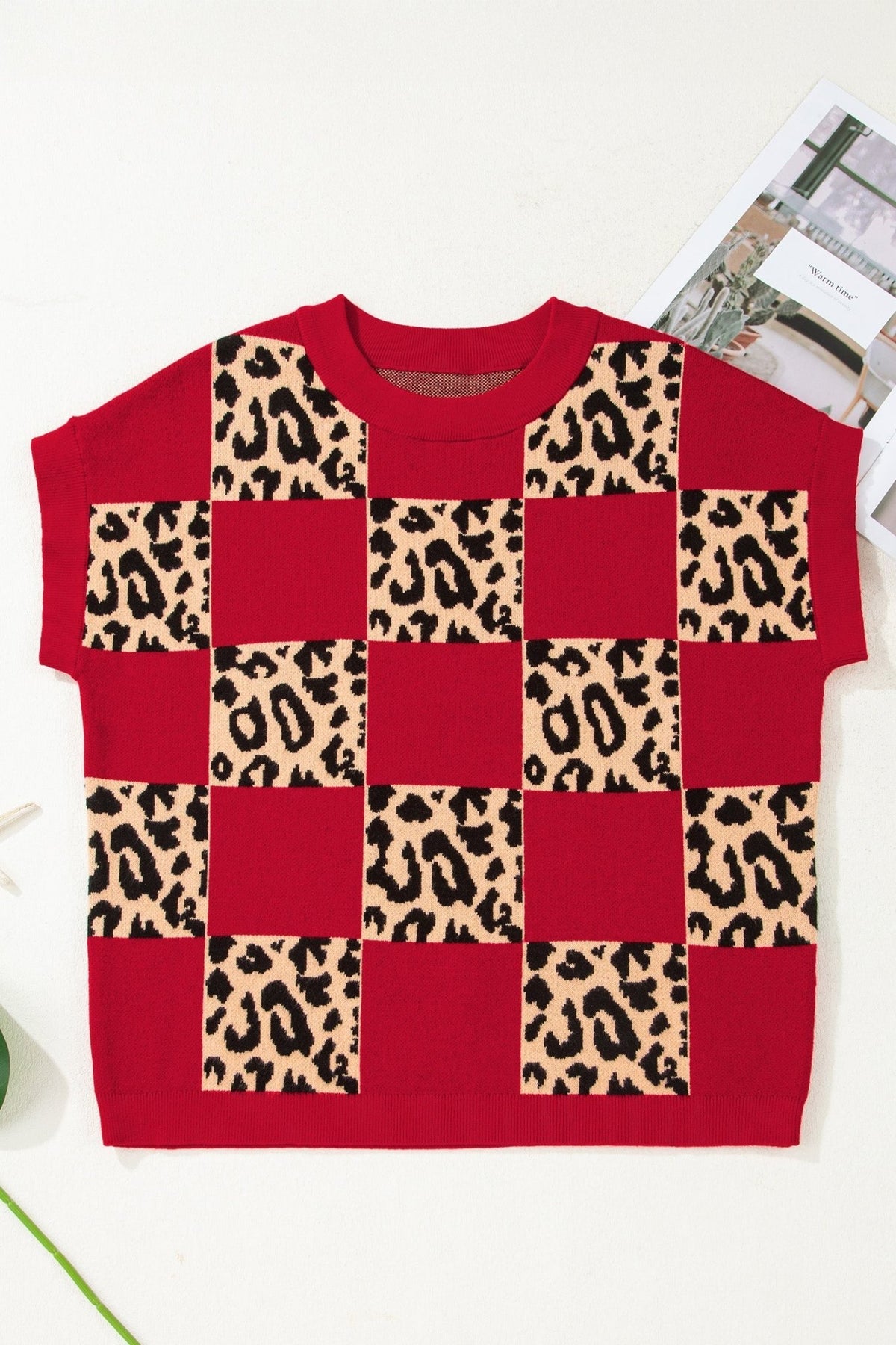 Leopard Checker Short Sleeve Knit Sweater - Rooted & Reckless Co.