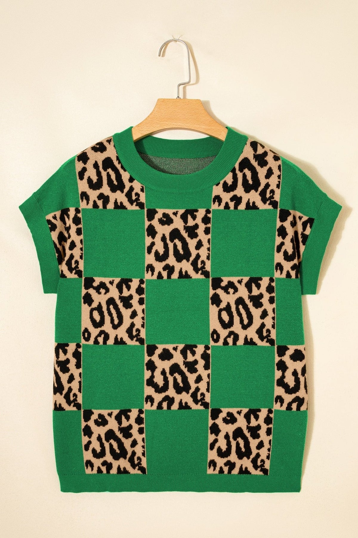 Leopard Checker Short Sleeve Knit Sweater - Rooted & Reckless Co.