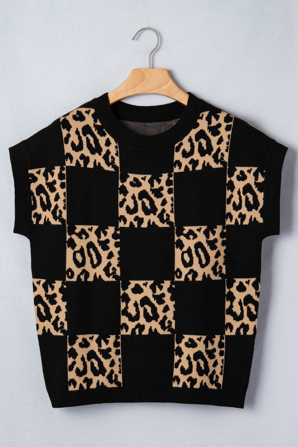 Leopard Checker Short Sleeve Knit Sweater - Rooted & Reckless Co.