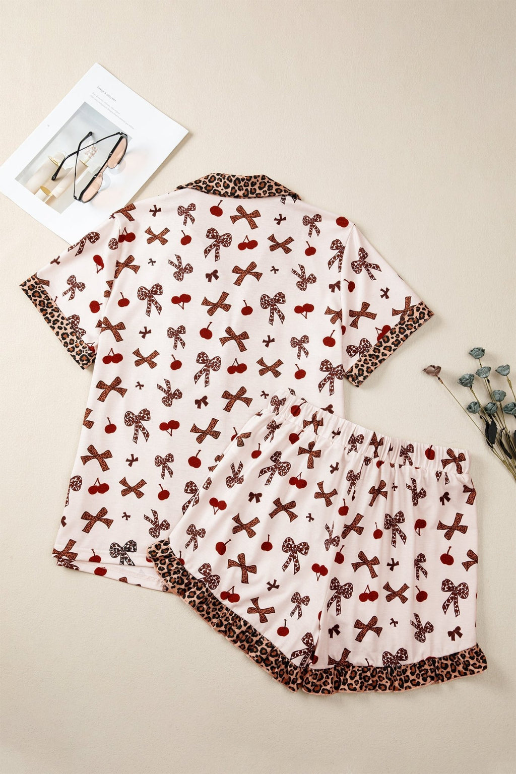 Leopard Cherry Bow Patchwork Shirt & Shorts Pajama Set - Rooted & Reckless Co.