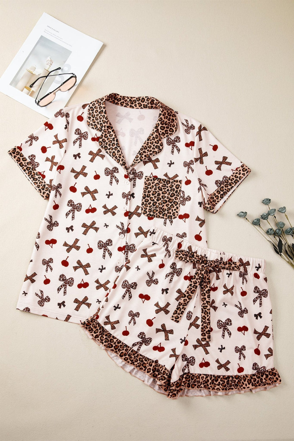 Leopard Cherry Bow Patchwork Shirt & Shorts Pajama Set - Rooted & Reckless Co.