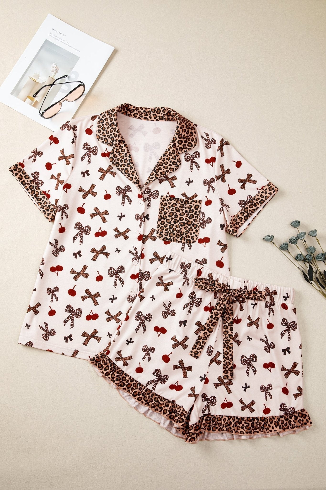 Leopard Cherry Bow Patchwork Shirt & Shorts Pajama Set - Rooted & Reckless Co.