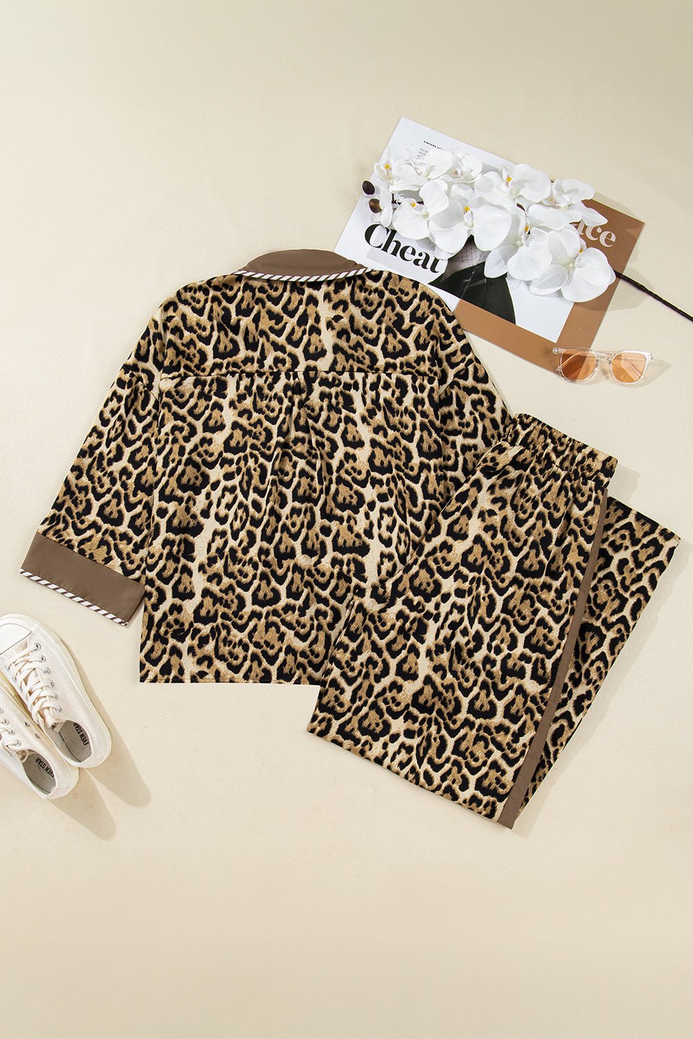 Leopard Collared 3/4 Sleeve Shirt and Pants Set - Rooted & Reckless Co.
