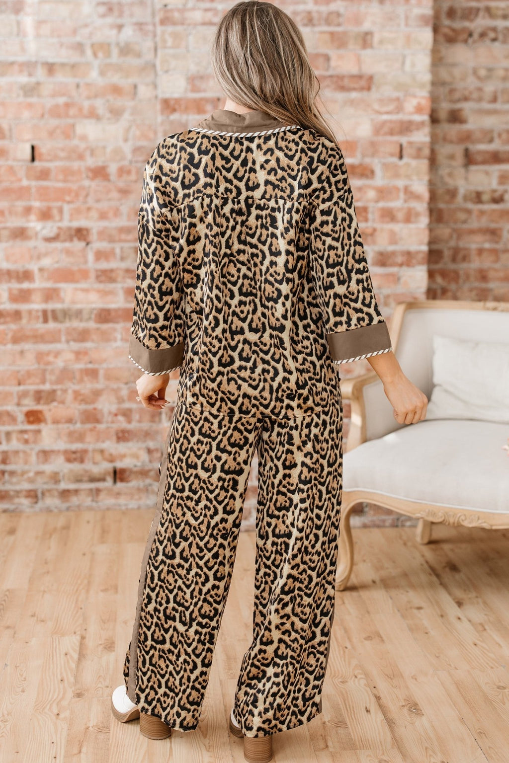 Leopard Collared 3/4 Sleeve Shirt and Pants Set - Rooted & Reckless Co.