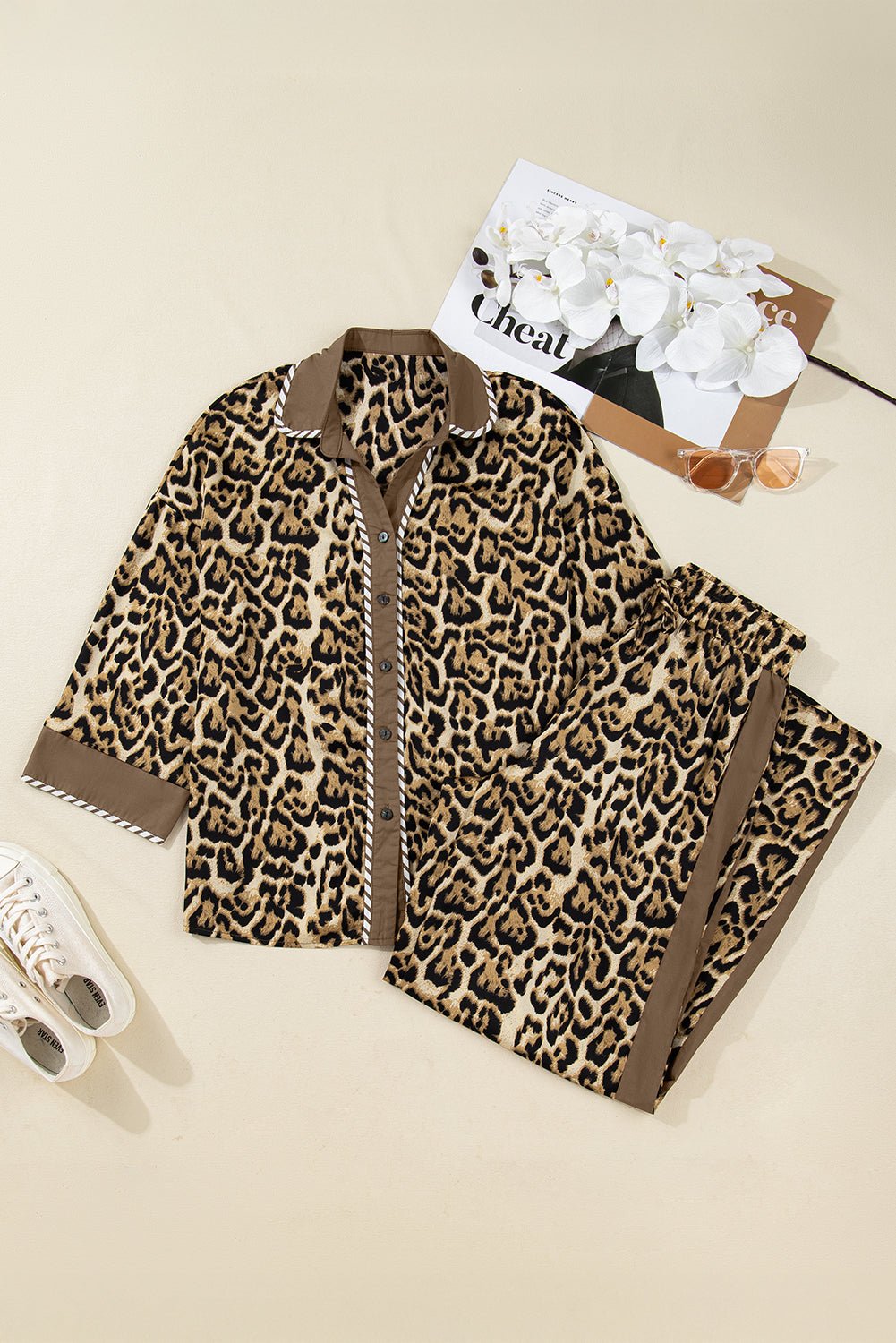Leopard Collared 3/4 Sleeve Shirt and Pants Set - Rooted & Reckless Co.
