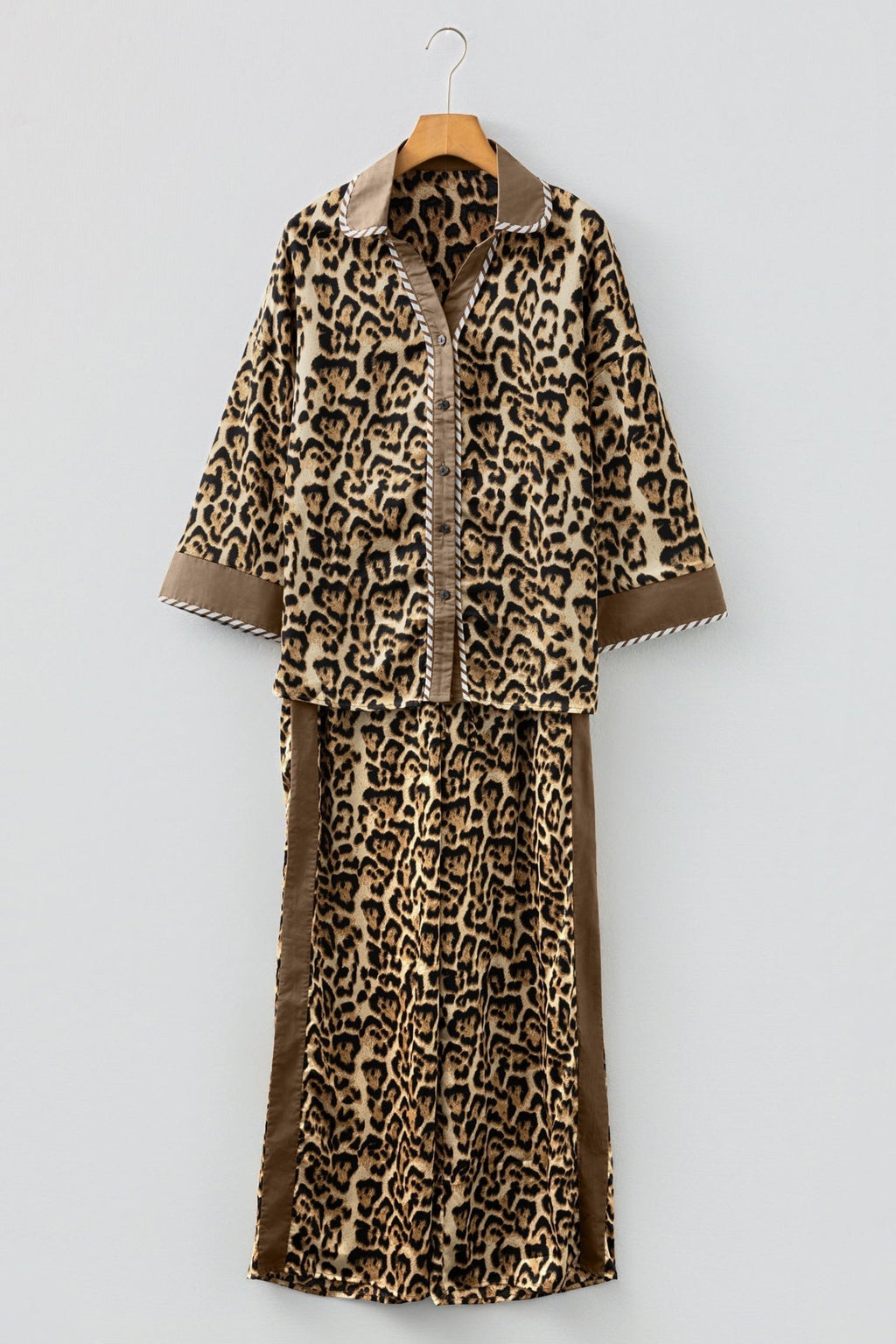 Leopard Collared 3/4 Sleeve Shirt and Pants Set - Rooted & Reckless Co.