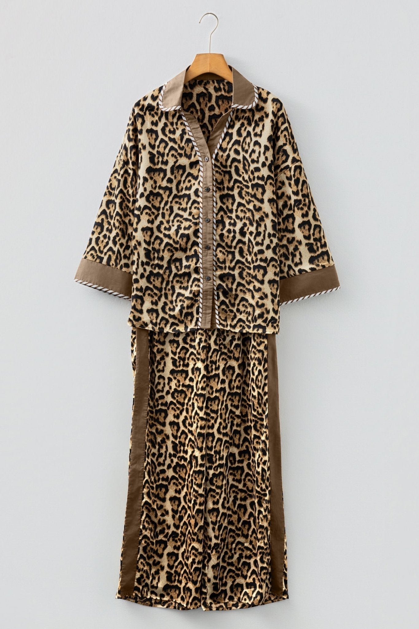 Leopard Collared 3/4 Sleeve Shirt and Pants Set - Rooted & Reckless Co.