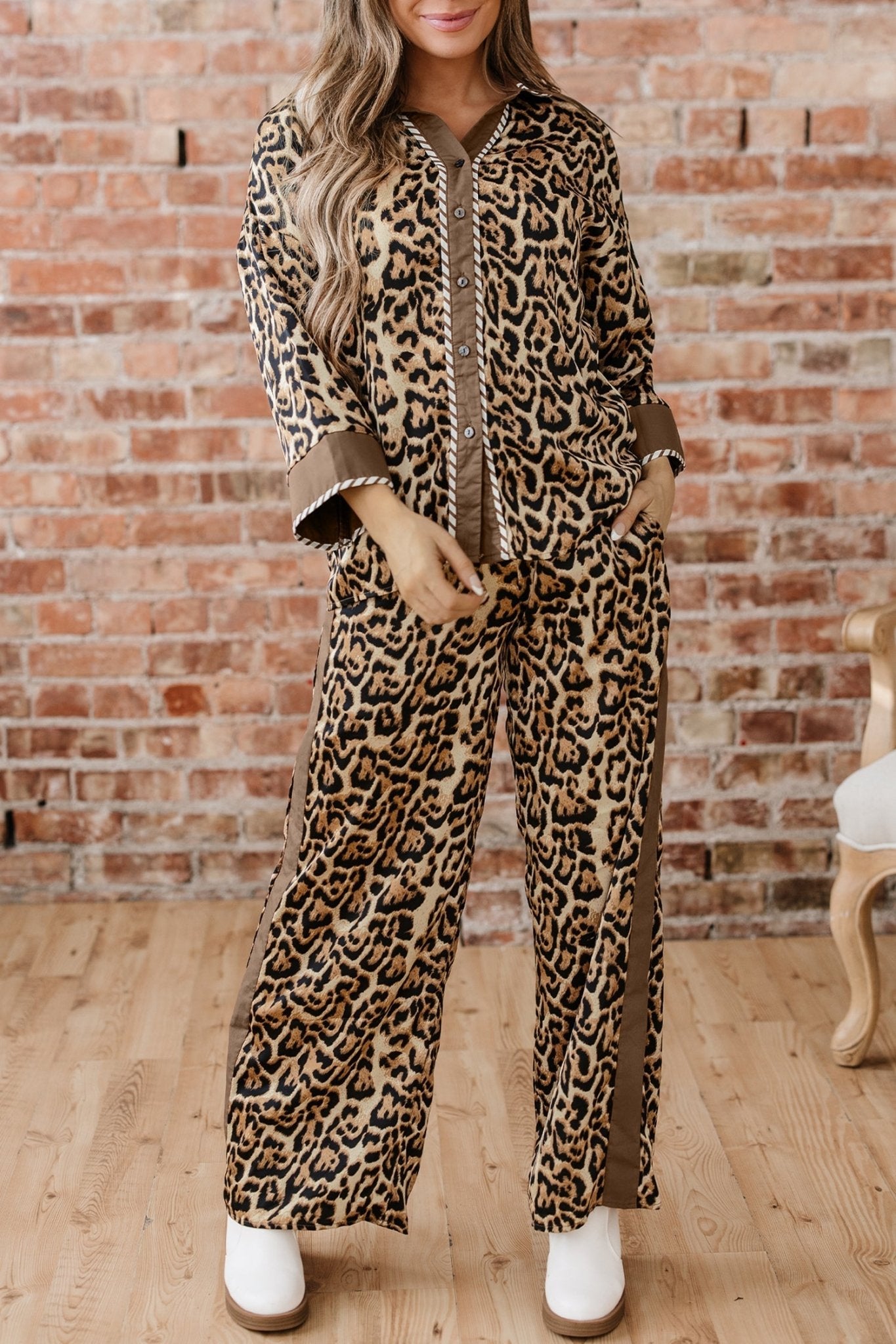 Leopard Collared 3/4 Sleeve Shirt and Pants Set - Rooted & Reckless Co.