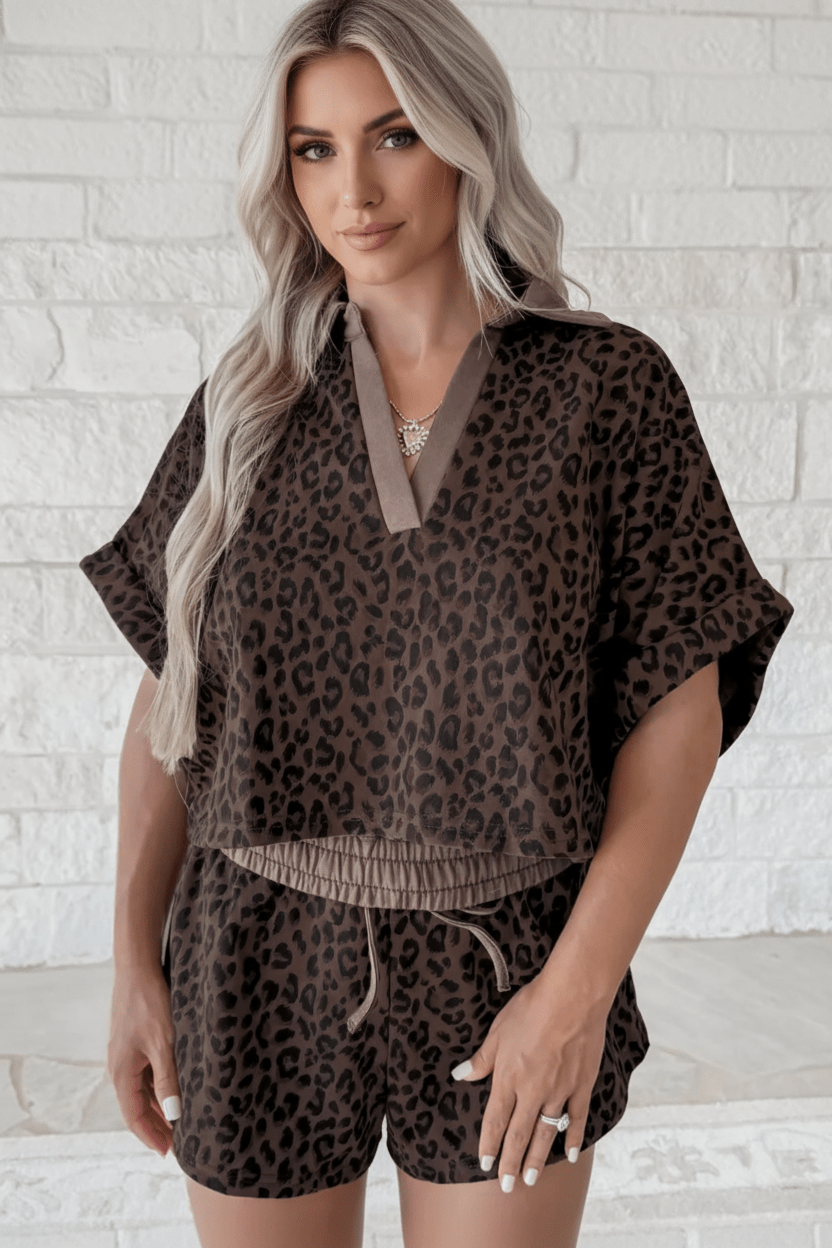 Leopard Collared V-Neck Top & Shorts Set - Rooted & Reckless Co.