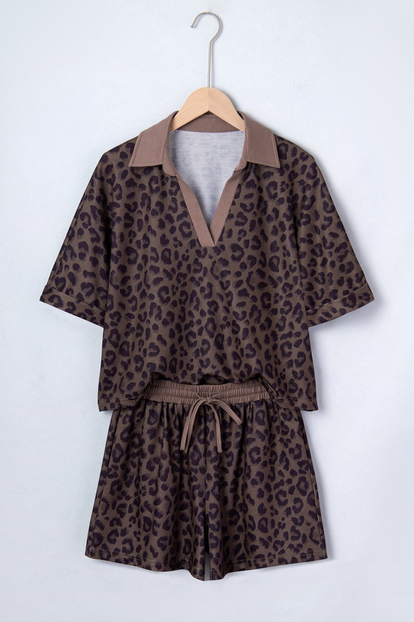 Leopard Collared V-Neck Top & Shorts Set - Rooted & Reckless Co.