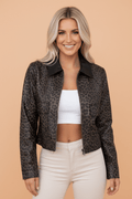 Leopard Colorblock Collar Faux Leather Zip Up Jacket - Rooted & Reckless Co.