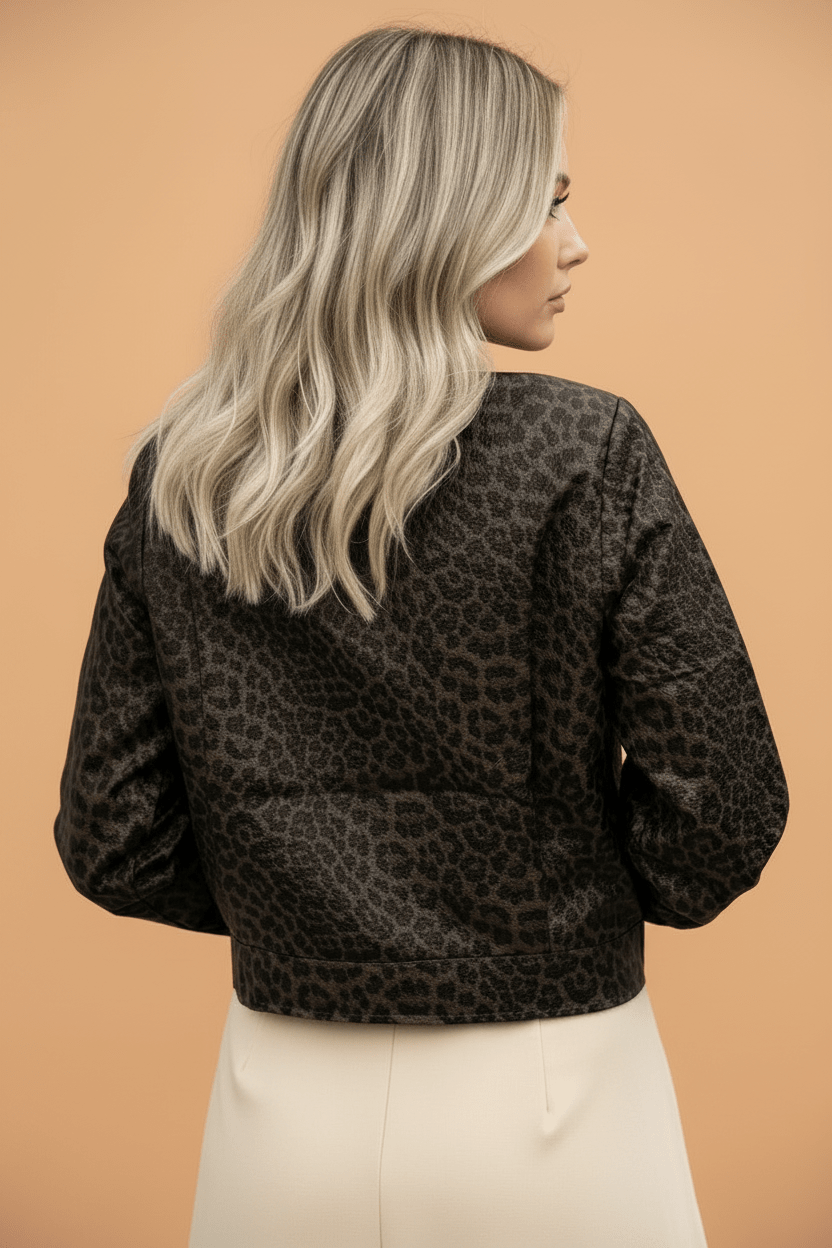 Leopard Colorblock Collar Faux Leather Zip Up Jacket - Rooted & Reckless Co.