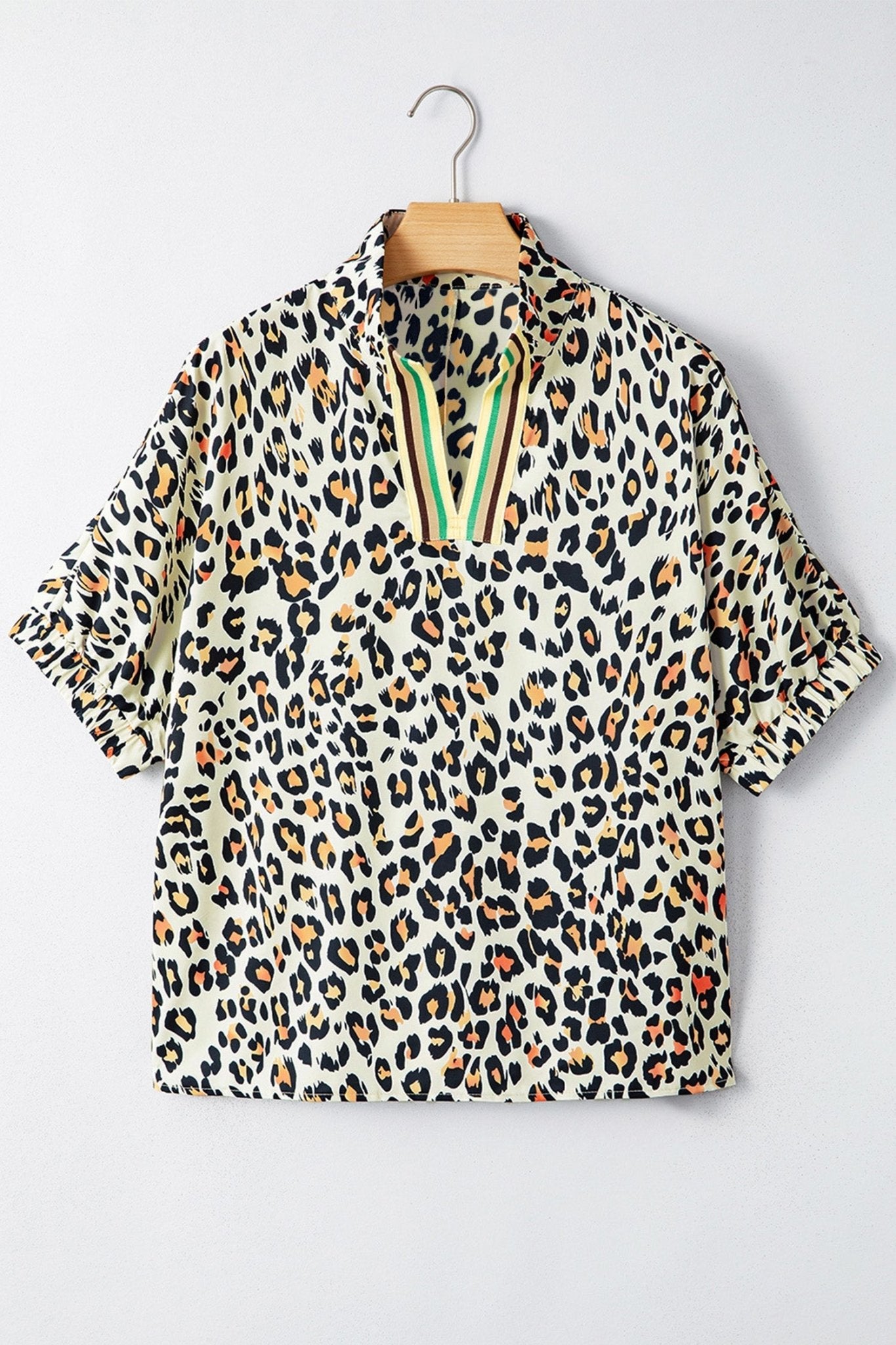 Leopard Colorblock Contrast V-Neck Short Sleeve Blouse - Rooted & Reckless Co.